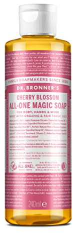 Dr Bronner's 18-in-1 Cherry Blossom Pure-Castile Liquid Soap, Made with Organic Oils, Used for Face, Body, Hair, Laundry, Pets and Dishes, Certified Fair Trade & Vegan Friendly, 240ml Recycled Bottle