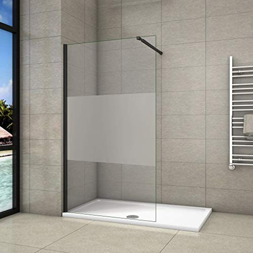 Walk In Parete Per Doccia 70x200 cm Vetro Temperato Anti-frantumi Anticalcare 8mm Striscia Satinata/Opaca Barra Stabilizzatrice da 73-120 cm Telaio Nero Opaco