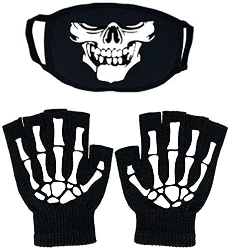 Guanti da scheletro senza dita e maschera teschio per bambini si illuminano al buio unisex guanti a maglia Halloween nero, Guanto Skullmask, Taglia Unica