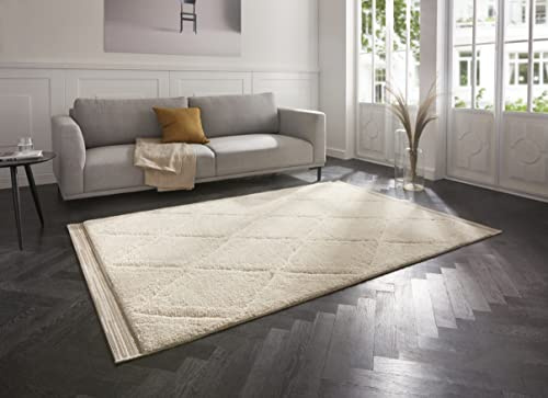 Mint Rugs Colin Alfombra de Pelo Largo y Suave, mullida, de Pelo Largo, flokati, diseño de Rombos para Cocina, Pasillo o Dormitorio, Estructura Alta y Profunda, Color Beis, 160 x 230 cm