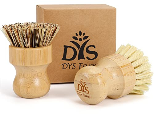 pfanne reinigungsbürste，Handflächenbürste aus natürlichem Bambus für die Küche, Holzreinigung für Geschirr, umweltfreundlich, Bambus, rund, Mini-Geschirrbürste, Schrubber 2er-Set