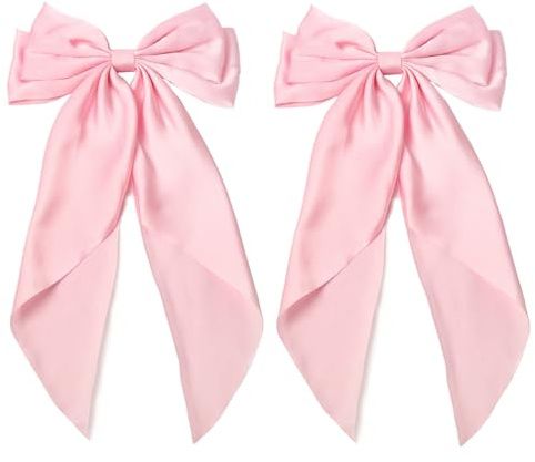 Furling Pompoms Hair Bows for Women,Large Satin Silky Hair Bow Clips Ribbon Long Tail French Barrette Hair Clamps Girls Hair Accessories Party Wedding Christmas Thanksgiving (Light Pink)