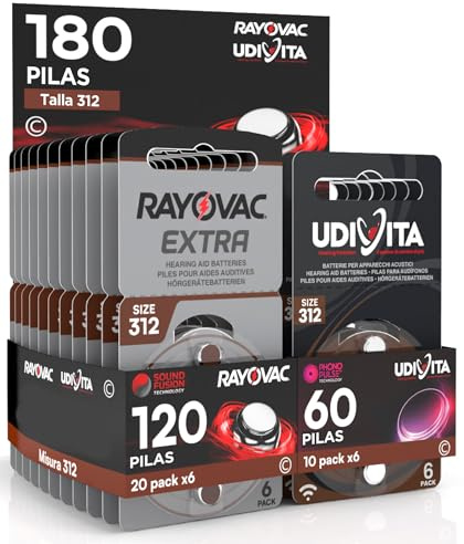 180 Piles Taille 312 pour Les Aides auditives PR41 (Marron - Zinc Air) avec la Technologie Phono Pulse pour amplificateur auditif - 180 Piles: 60 Udivita + 120 Rayovac