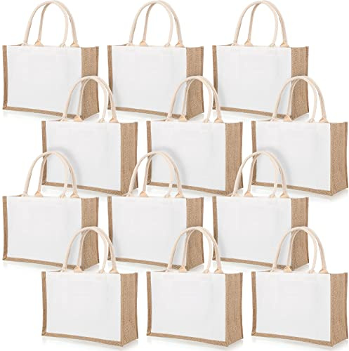 Reginary 12 Pcs Jute Tote Bags - White Large Burlap Tote Beach Bags with Handles & Blank Reusable Waterproof for Grocery Bridesmaid Wedding Gift Shopping Beach Travel DIY, 14.5 x 10.2 x 6.6 Inches