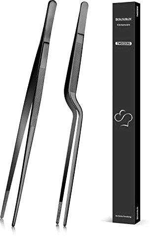 30.5cm Cooking Tweezer and Offset Tweezer Set, Tongs Precision Serrated Tips, Stainless Steel Professional Chef Tweezer Kitchen Tools for BBQ, Plating and Serving