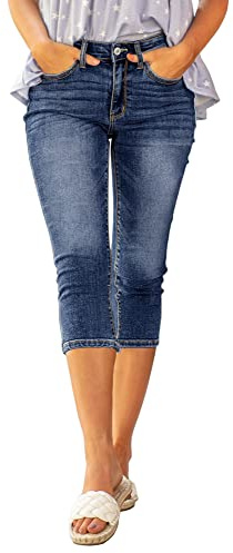 Roskiky Jeans Capri da donna, a vita alta, skinny a coste, Blu, XL