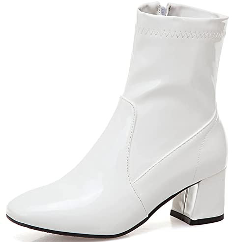Bviennic Mujer Punta Quadrada Charol Botines Vestido Invierno Moda Block Tacón Medio Formal Boda Zapatos Bride Botines Chelsea Blanco Talla 35 Eu