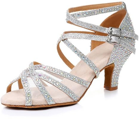 Rosefinch Lateinamerikanische Tanzschuhe mit Strasssteinen, Salsa-Tanzschuhe für Damen/Mädchen, weiche Sohlen, Silberne 5cm Absatz, 40 EU