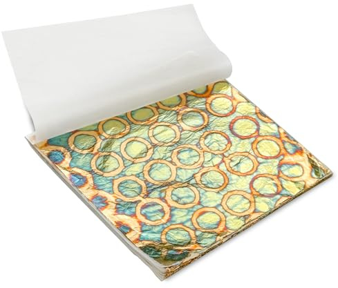 Modixun Hojas de hojas doradas abigarradas, 50 unidades, hojas coloridas de imitación de oro, folleto de papel para manualidades, pintura, decoración dorada, 14 x 14 cm, círculo