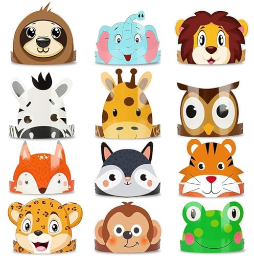 24Pcs Animal Birthday Party Hats Animal Headbands, Jungle Safari Animals Birthday Paper Party Crown for Kids Animals' Decoration, Animal's Costume DIY Party Gift for Kids Birthday's Christmas Fiesta