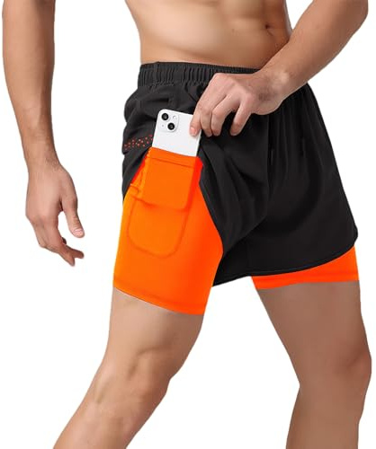 Jamron 2-i-1 löparshorts för män andningsbara, snabbtorkande, gymträning, cykelshorts med foder och telefonfickor, Fluorescerande orange, M