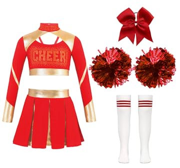 Miutii 5er Set Kinder Mädchen Cheer Leader Kostüm Cheerleading Kleid Langarm Crop Tops mit Rock Pompoms Socken Halloween Karneval Fasching Rot 158-164