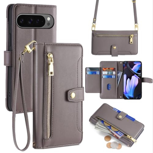 betterfon Handykette kompatibel mit Google Pixel 9 Pro XL | Leder Handyhülle mit Kartenfächern | Handyhülle zum Umhängen | Grau