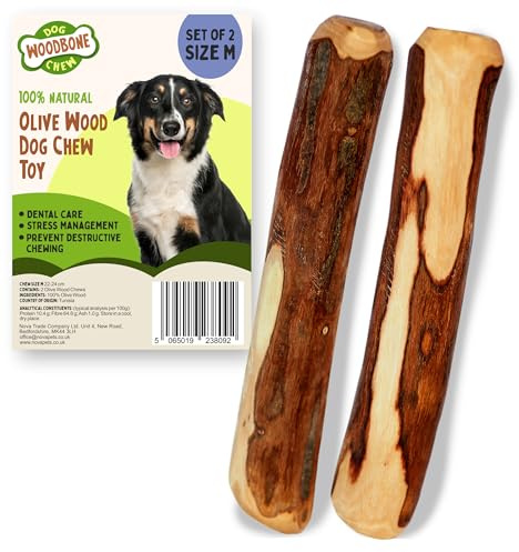 Woodbone Olive Wood Dog Chew Toy for Medium Dogs - Natural Dental Chewing Stick - Set of 2 Size M