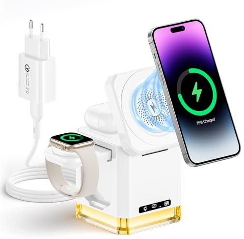Chargeur Induction iPhone, 3 en 1 Chargeur iPhone Induction Chargeur sans Fil pour iphone 17/16/15/14/13/12/11 Pro Max, 15W Mag-Safe Station de Charge pour iWatch 9/8/7/6/SE/5/4/3, AirPods Pro