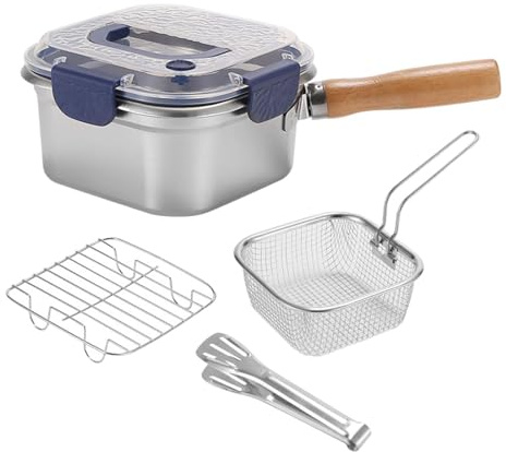 Générique 4 Pièces Friteuse Poêle Carrée Casserole avec Panier et Couvercle En Acier Inoxydable Polyvalente pour Cuisson Vapeur et Friture Maison, Bleu