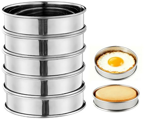 KCKHFA 5PCS Crumpet Rings, 4 Stainless Steel Egg Rings for English Muffin, Tart, Cookie, Frying Egg, Double Rolled Round Cake Mold