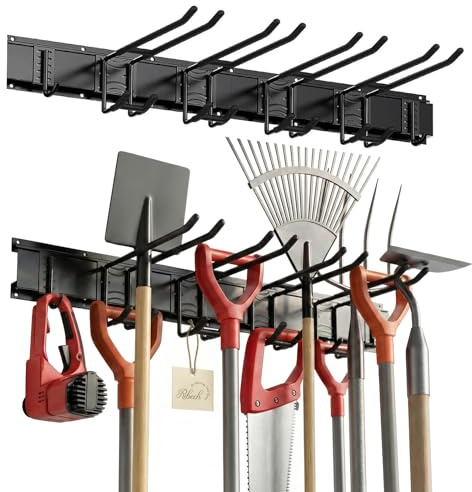 Ribech Ripiano Murale Portautensili da Garage – Guida di 81 cm con 6 Ganci (2 Tipi), Ganci Rivestiti in Gomma, Capacità 140 kg, per Attrezzi da Giardino, Sci, Scope, Pale – Montaggio a Parete