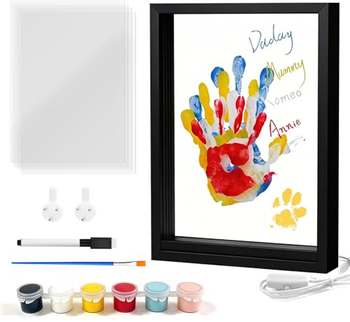 Handavtrycksset familj pyssel barn med LED-nattlampa, plats för 4 personer, baby handavtryck och fotavtryck babyset, Newborn baby fotavtryck, träram för pyssel för present (svart)