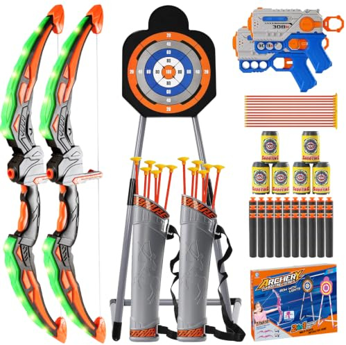 ROCKY&CHAO Kids Archery Set, 4-in-1 Shooting Game with 2 LED Bow and Arrow Toys, Foam Dart Blasters, Standing Target & Tin Can Challenge, Garden Toys for Boys & Girls Age 5-10
