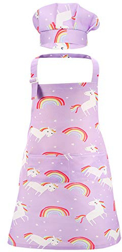 ADAKEL 1 Set Kids Apron Set Unicorn Apron and Chef Hat with 2 Pockets Adjustable Chef Apron and Hats for Kids for Boys Girl's Kitchen Cooking Baking Painting Wear(Purple)