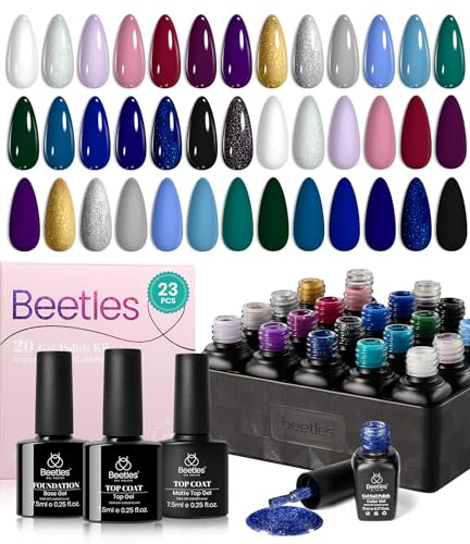 Beetles Kit de Esmalte de Gel para Uñas, 20 Piezas Colección Celestial con Base, Capa Superior, Pinceles, Pegatinas y Diamantes - Negro, Blanco, Azul y Brillante