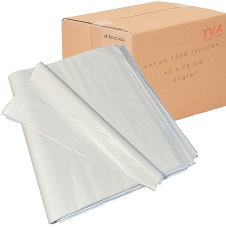 JECO - Lot de 1000 feuilles de papier de soie blanc 50 x 75 cm, sans acide, qualité supérieure 21g/m², mousseline, pour loisirs créatifs, décoration, DIY, Emballage fleurs, Vinted