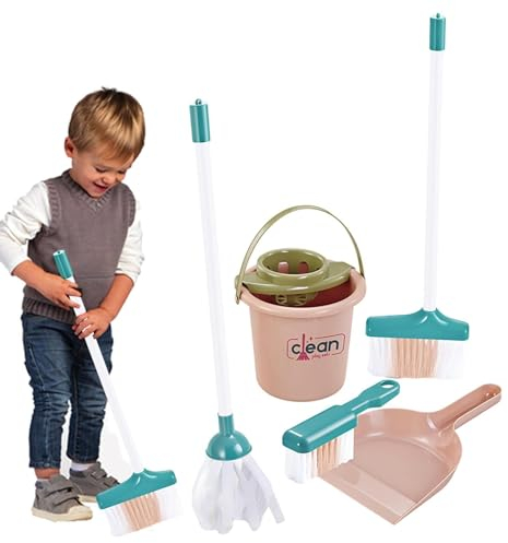 Kit Menage Enfant | Chariot Menage Enfant | Aspirateur Enfant Jouet | Jouets De Nettoyage Cadeau pour Les Tout Petits Comprennent Balai Vadrouille Plumeau Pelle Brosses Chiffon (5pcs)