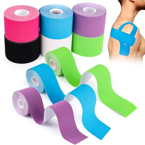 6 Rotolo Kinesio Tape, Nastro Kinesiologico, Tape Kinesiologico Muscolare, Nastro Kinesiologico Sportivo per i Muscoli, 5m x 5cm, per Il Ginocchio, Articolazioni, Supporto Muscolare (6 Colori)