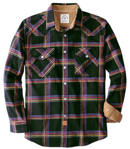 Dubinik® 6 oz Chemise Flanelle Homme Western Cowboy Manches Longues Carreaux Vintage Bouton Pression Casual Double Poche Noir Violet Et Jaune XL
