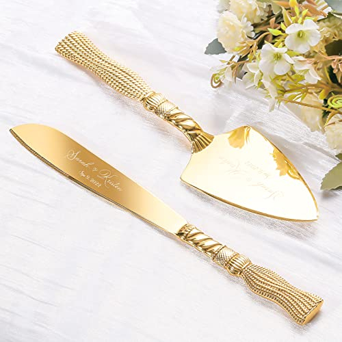TUKDAK Juego de Cuchillo y Servidor para Pastel de Bodas de Oro, Personalizado Conjunto de Corte de Pastel, Juego de Cortador de Pastel para Servir, Perfecto para Cumpleaños, Navidad, Fiestas (Borla)