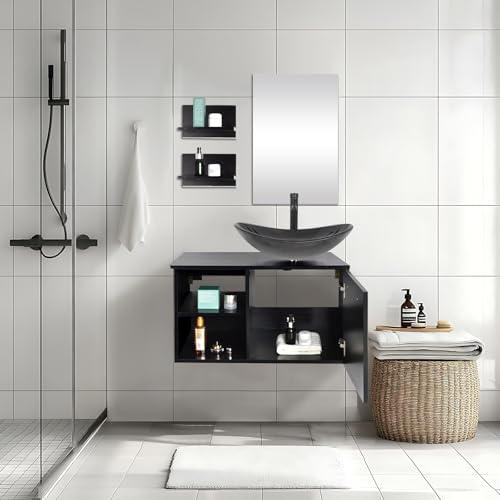 YU YUSING Mueble de Baño con Lavabo Vidrio y Espejo, Mueble Armario para Baño Bajo Lavabo con 2 Estantes Pared 1 Puerta, Juego de Grifo, Conjunto Muebles, Moderno Verde Menta