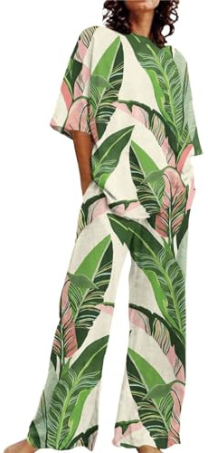 Pigiama Cotone Donna Lungo Abiti Estivi per Donna 2 Set di Lino in Cotone T-Shirt Oversize Pantaloni a Gamba Dritta Tuta Taglie Forti Camicia da Notte Donna Pijama Donna Cotone (Green, XXXL)