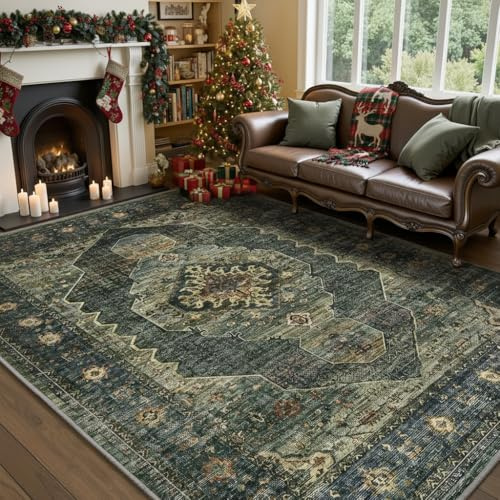 Engiw Olive Green 8x10 Area Rugs for Living Room Bedroom Rug Washable Vintage Neutral Farmhouse Rug Carpet Dining Room Rugs Office Retro Oriental Easy Clean Non Slip Large