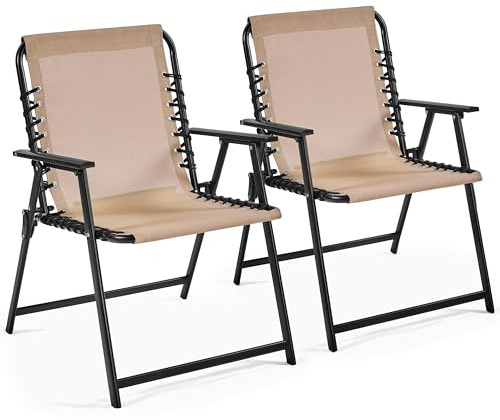 Yaheetech Folding Outdoor Chairs Set of 2 with Metal Frame, Beige | All Weather Foldable Dining Chairs | 550g Texteline, Steel, 113kg Capacity| Backrest & Armrests | For Garden, Lawn, Pool