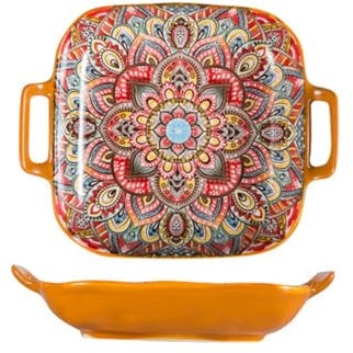 Plateau de service en céramique avec poignées, assiette en céramique bohème, assiette carrée, plat à salade coloré, assiette à fruits rétro (style C)