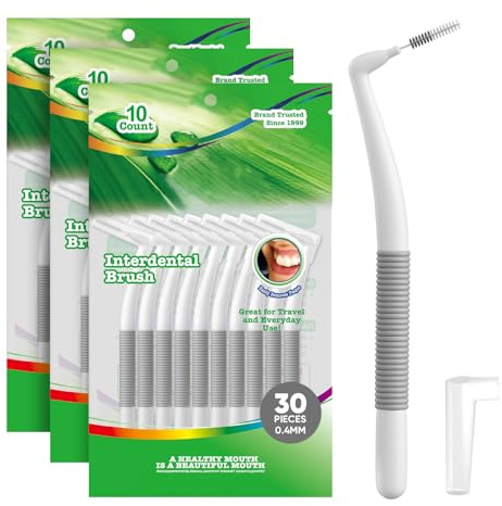 Annauiy Cepillos Interdentales, 0,4 mm, Ultrafinos, 30 unidades, en Forma de L con Ángulo de 90°, Gris, Para Personas con Espacios Estrechos