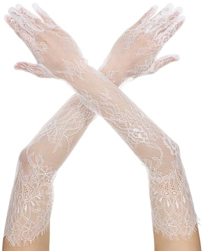 CIATBYYJ Eleganti guanti lunghi in pizzo bianco da donna, in tulle a rete floreale, guanti lunghi in pizzo bianco velato, lunghezza anni '20, guanti da sposa per matrimoni, fidanzamenti, cocktail