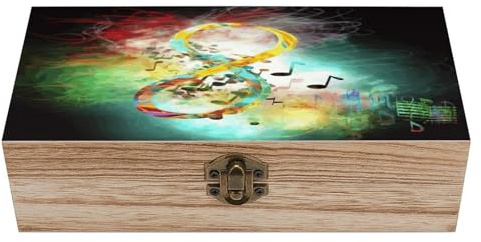 Anceky Caja de madera con símbolo musical abstracto, joyero decorativo con tapa abatible, caja decorativa de madera para guardar manualidades y fotos.