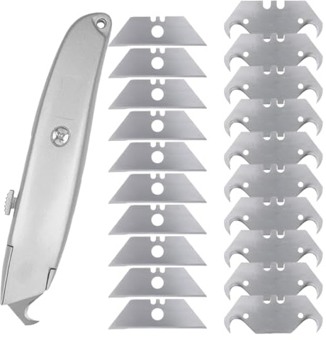 HAPZUR Set Taglierino Professionale con Lame a Gancio e Trapezio (20 Lame in Lega di Alta Qualità) per Tappeti, PVC, Cartone e Materiali da Costruzione