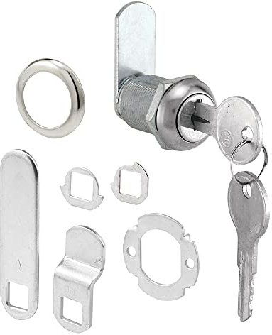 Prime-Line U 9943KA Diecast Keyed Alike Drawer and Cabinet Lock – 3 Cams, Trim Collar, 2 Washers, 2 Keys and Fasteners – 7/8 In. Length for 9/16 In. Max Panel Thickness, Stainless Steel (1 Set)