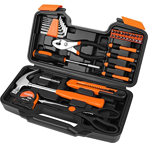 Flexzion 39 delar handverktygskit med fodral – kompakt verktygssats för hantverkare, husägare gör-det-själv – hushållsverktygssats för hem med bärbart grundläggande verktygssatsfodral, orange