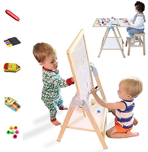QZMTOY Kids Art Easel, Deluxe Standing Easel Set, Adjustable Art Table, Dry Erase Board&Chalkboard Double Sided Stand, 360°Rotating Drawing Easels with Art Supplies, Adjust Height 28-39in