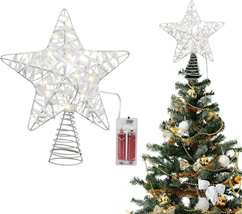 Belle Vous Puntale Stella Albero di Natale Led (24x22cm) - Tree Topper Xmas Bianco 3D Innevato - Decorazioni Natalizie a 18 Luci (Batteria Non Inclusa)