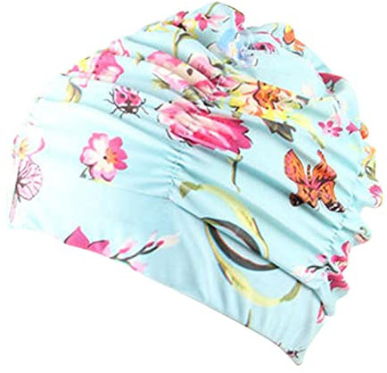 DASNTERED Badekappe für Damen, modisch, plissiert, Blumendruck, für Erwachsene, langes Haar, Badekappe für Wassersport (2)