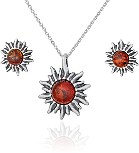 AMBEDORA Conjunto de plata para mujer con pequeño sol (collar y pendientes), plata 925 oxidada, ámbar báltico en coñac, colgante con cadena de ancla y pendientes, kit listo para regalo