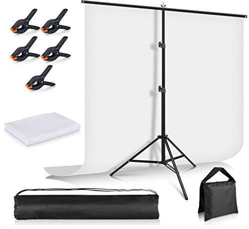 Weißer Bildschirmhintergrund mit Ständer, 1,5 x 2 m, Foccalli Fotografie-Hintergrundständer mit Chromakey-Musselin-Hintergrund, 5 Hintergrund-Clips und Sandsack für Streaming, Gaming, Fotoshooting