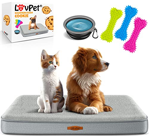 Lovpet® Hundebett orthopädisches Hundekissen Hundekorb Cookie, Inkl. Napf + 3X Kauknochen, Hundesofa für Kleine, Mittelgroße & Große Hunde, Bezug abnehmbar und waschbar, L 91x69x7,6 cm Grau