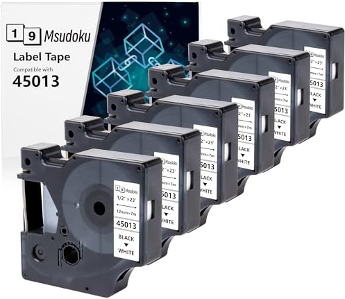 6 x Msudoku 45013 s0720530 kompatibel med Dymo D1 12 mm x 7 m etikettband 45013 a45013 svart på vitt för LabelManager 160 280 210D 360D 420P PnP 450D etikettskrivare