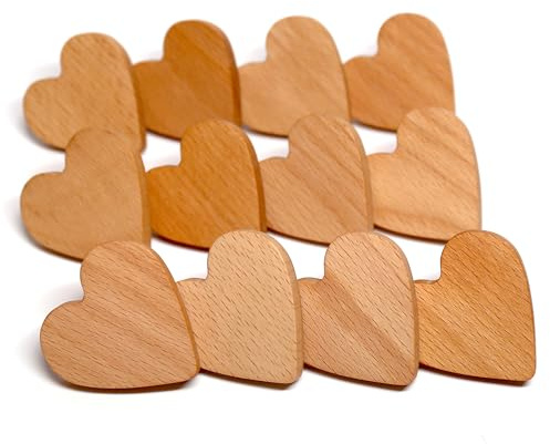 Auped Poignées de Tiroir en Bois Naturel en Forme de Cœur (12 pièces) - Design Boho pour Armoire de Cuisine, Meubles de Chambre & Décoration Rustique - Poignées de Poitrine Écologiques